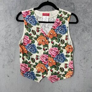Vintage 90s Indie Esprit Floral Lace Button Front Vest Top Small Festival Picnic